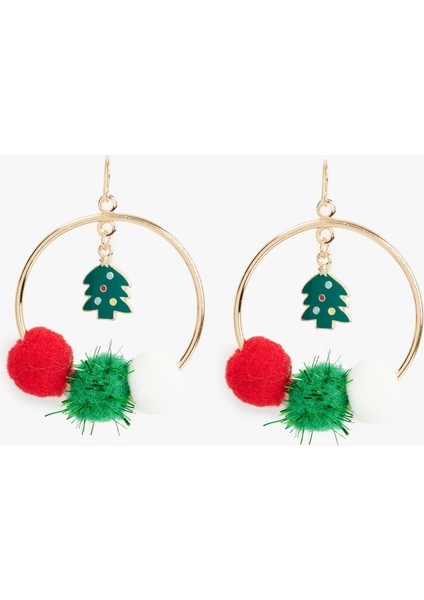 Çok Renkli Ponponlu Yılbaşı Temalı Sallantılı Halka Küpe