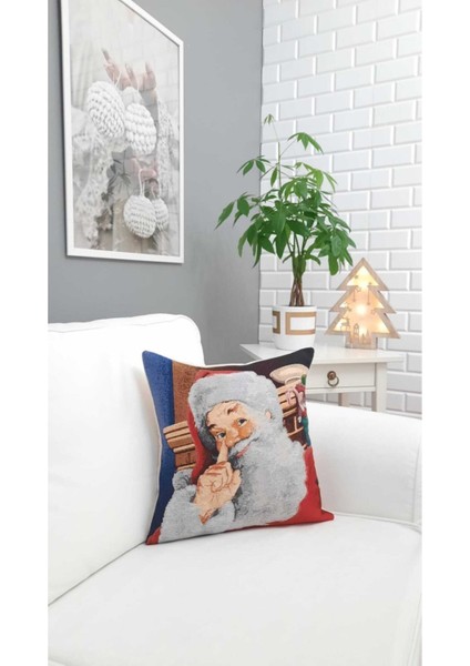 Renkli Noel Baba ve Yeni Yıl Temalı Goblen Desenli Kırlent Kılıfı