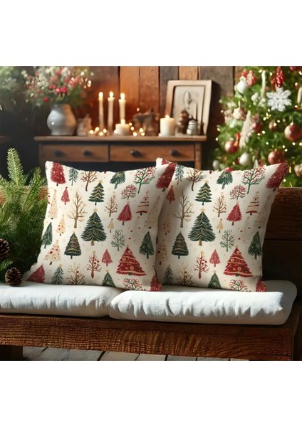 Yılbaşı Temalı Renkli Noel Ağacı Keten Kırlent Kılıfı
