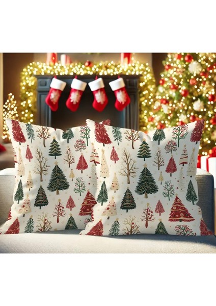 Yılbaşı Temalı Renkli Noel Ağacı Keten Kırlent Kılıfı modelleri