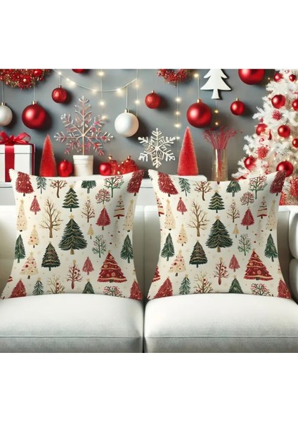 Yılbaşı Temalı Renkli Noel Ağacı Keten Kırlent Kılıfı fırsatları