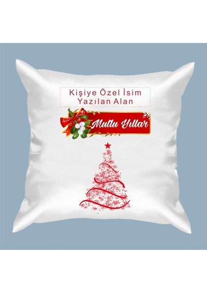 Kişiye Özel Isim ve Yılbaşı Yazılı Yastık, Mutlu Yıllar Hediye, Beyaz Renk