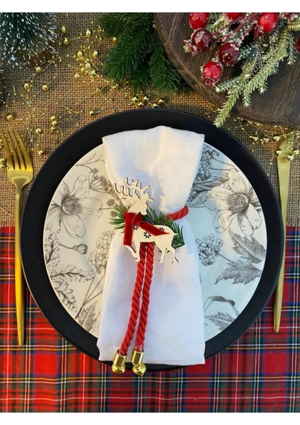 6'lı Ahşap Yılbaşı Temalı Geyikli ve Çanlı Peçete Halkası Seti