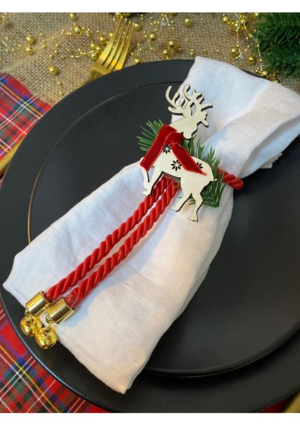 6'lı Ahşap Yılbaşı Temalı Geyikli ve Çanlı Peçete Halkası Seti modelleri