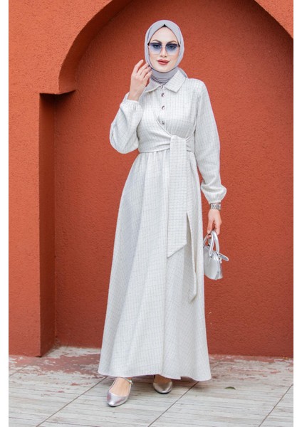 Tüvit Ekoseli Yan Bağlamalı Elbise-Ekru