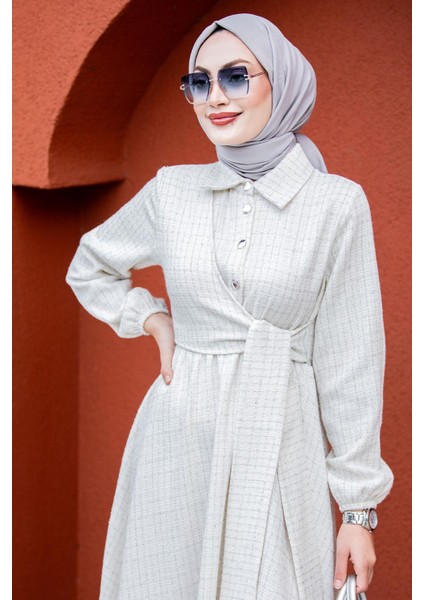 Tüvit Ekoseli Yan Bağlamalı Elbise-Ekru fiyatları