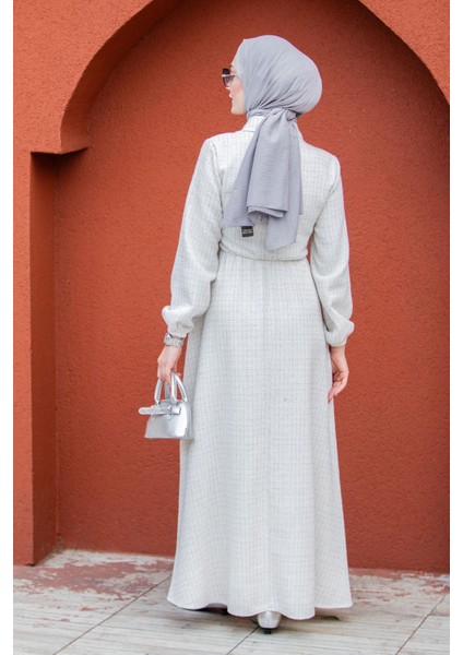 Tüvit Ekoseli Yan Bağlamalı Elbise-Ekru modelleri