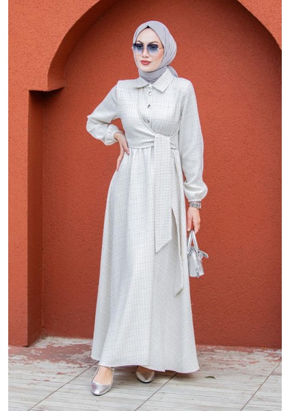 Tüvit Ekoseli Yan Bağlamalı Elbise-Ekru fırsatları