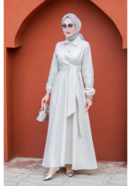 Tüvit Ekoseli Yan Bağlamalı Elbise-Ekru indirimleri