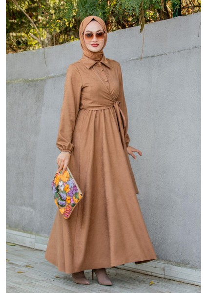Süet Roba Bağlamalı Elbise-Taba fırsatları