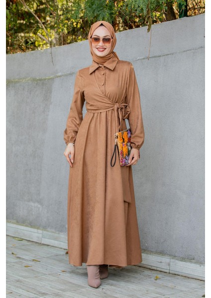 Süet Roba Bağlamalı Elbise-Taba