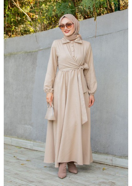 Süet Roba Bağlamalı Elbise-Bej