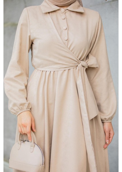 Süet Roba Bağlamalı Elbise-Bej fiyatları