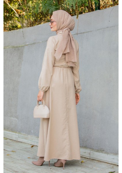 Süet Roba Bağlamalı Elbise-Bej modelleri
