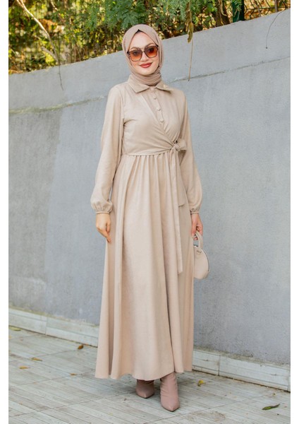 Süet Roba Bağlamalı Elbise-Bej fırsatları