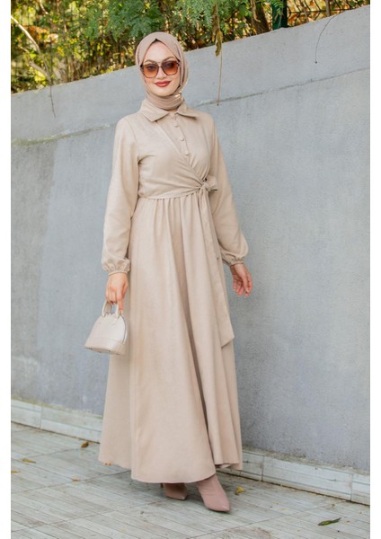 Süet Roba Bağlamalı Elbise-Bej indirimleri