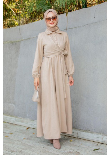 Süet Roba Bağlamalı Elbise-Bej
