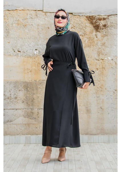 Krep Anvelop Bağlamalı Etek Bluz Takım-Siyah