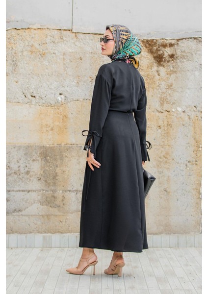 Krep Anvelop Bağlamalı Etek Bluz Takım-Siyah modelleri