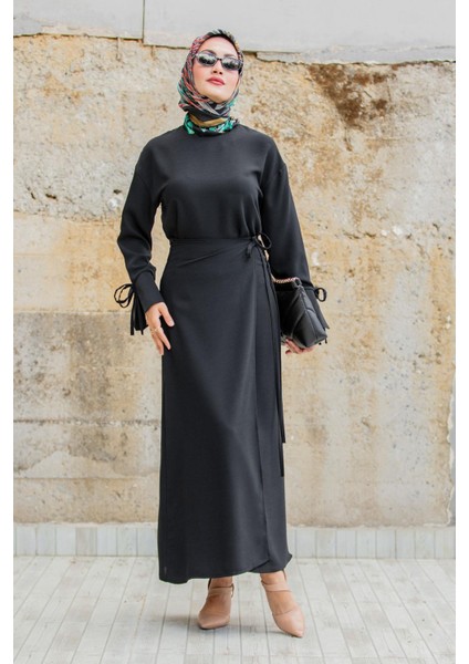 Krep Anvelop Bağlamalı Etek Bluz Takım-Siyah fırsatları