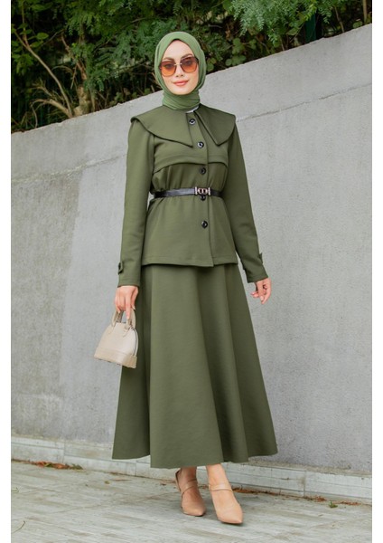 Pufy Dalgıç Ceket Etek Kemerli Takım-Haki