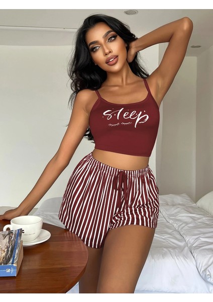 Bordo Çizgili Crop Atlet ve Şort Kadın Pijama Takımı – Sleep Baskılı fiyatları