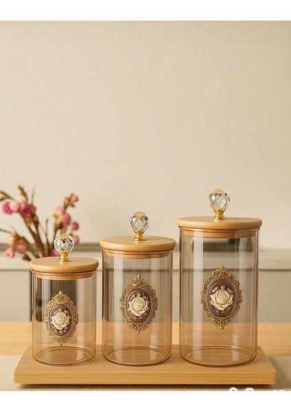 Bambu Stantlı Borosilikat Cam Amber Kavanoz Seti Rpyal Rose 350-400-500 ml