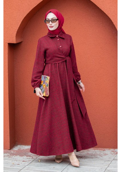 Tüvit Ekoseli Yan Bağlamalı Elbise-Bordo