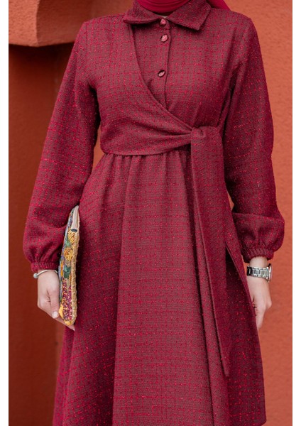 Tüvit Ekoseli Yan Bağlamalı Elbise-Bordo fiyatları