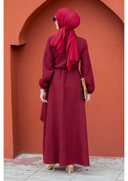 Tüvit Ekoseli Yan Bağlamalı Elbise-Bordo modelleri