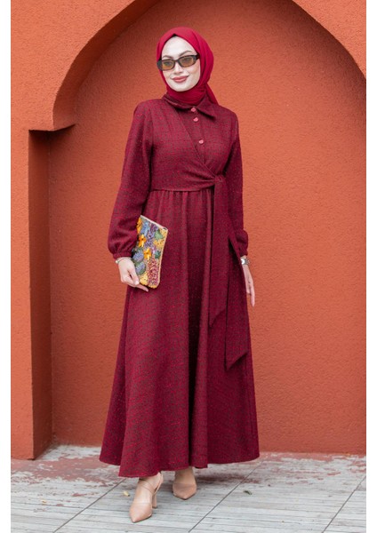 Tüvit Ekoseli Yan Bağlamalı Elbise-Bordo fırsatları