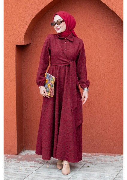 Tüvit Ekoseli Yan Bağlamalı Elbise-Bordo indirimleri