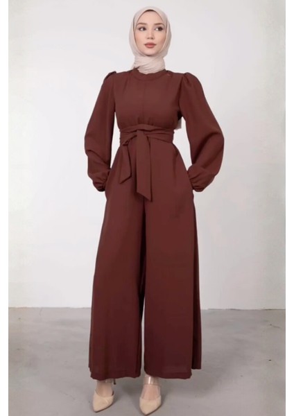 Geniş Kuşak Dolamalı Tesettür Tulum- Acı Kahve