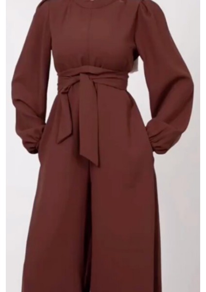 Geniş Kuşak Dolamalı Tesettür Tulum- Acı Kahve modelleri