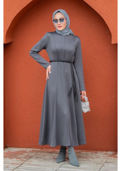 Seyra 8 Parçalı Deri Örgü Kemerli Pufy Dalgıç Elbise-Gri