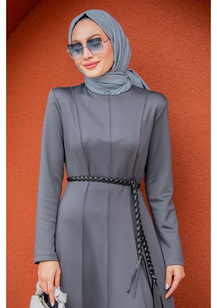 Seyra 8 Parçalı Deri Örgü Kemerli Pufy Dalgıç Elbise-Gri fiyatları