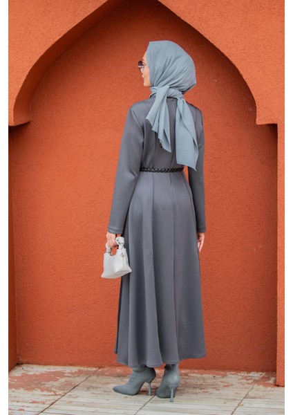 Seyra 8 Parçalı Deri Örgü Kemerli Pufy Dalgıç Elbise-Gri modelleri