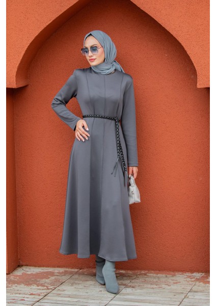 Seyra 8 Parçalı Deri Örgü Kemerli Pufy Dalgıç Elbise-Gri fırsatları