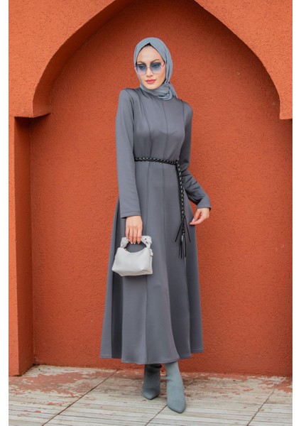 Seyra 8 Parçalı Deri Örgü Kemerli Pufy Dalgıç Elbise-Gri indirimleri