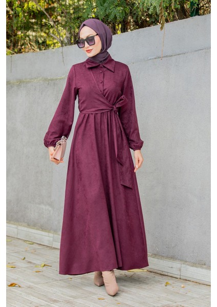 Süet Roba Bağlamalı Elbise-Mürdüm