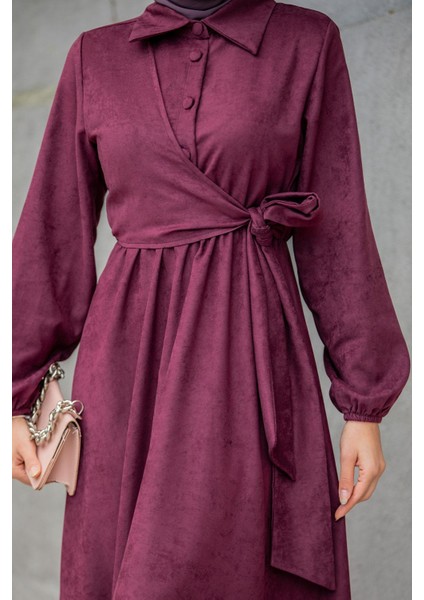Süet Roba Bağlamalı Elbise-Mürdüm fiyatları