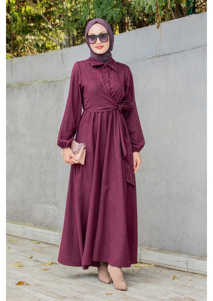 Süet Roba Bağlamalı Elbise-Mürdüm modelleri