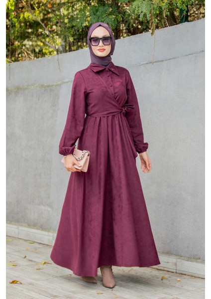 Süet Roba Bağlamalı Elbise-Mürdüm fırsatları