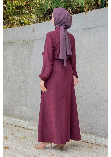 Süet Roba Bağlamalı Elbise-Mürdüm indirimleri