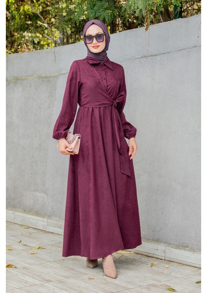 Süet Roba Bağlamalı Elbise-Mürdüm