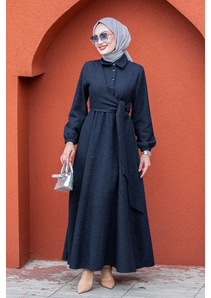 Tüvit Ekoseli Yan Bağlamalı Elbise-Laci