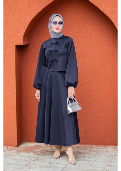 Fiyonk Detaylı Pufy Dalgıç Etek Bluz Takım-Laci