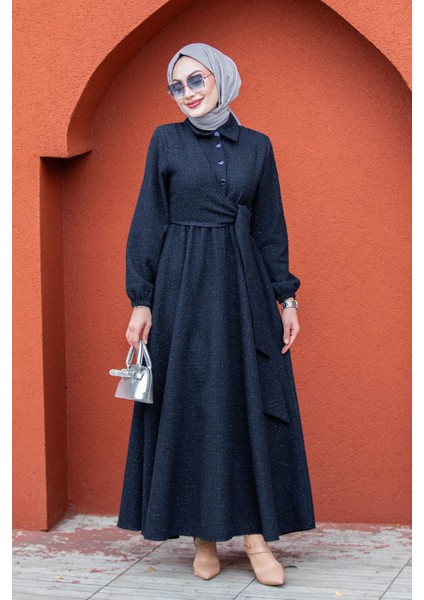 Tüvit Ekoseli Yan Bağlamalı Elbise-Laci modelleri