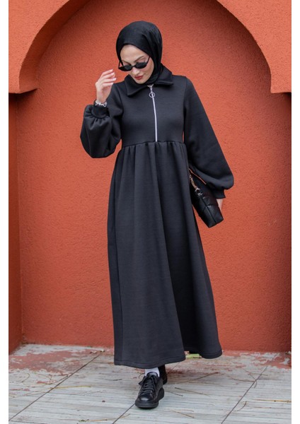 Fermuarlı Üç Iplik Şardonlu Sweat Elbise-Siyah indirimleri