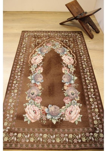 Kınay Kahve Jakarlı Dokuma Goblen Dekoratif Astarsız Saçaksız Şönilli Seccade 70*115